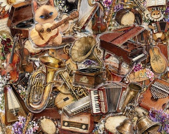 50PCS Vintage Instrument Sticker Pack, Classic Music Stickers, Retro Piano Stickers, Elegant Violin Stickers for Guitars, Journals, Laptops