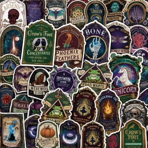 May include: A collection of assorted gothic-themed stickers featuring various potion labels, mystical creatures, skulls, and magical ingredients. Each sticker displays unique text such as Crow's Foot, Phoenix Feathers, and Unicorn, with dark, vibrant colors.