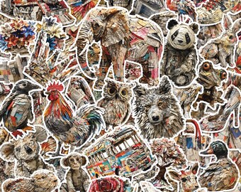 50PCS Newspaper Animal Sticker Pack, Collage Stickers, Recycled Stickers, Paper Art Stickers, Wildlife Stickers for Guitars, Notebooks