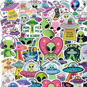 50 Stück Alien UFO-Aufkleber, süße Weltraum-Aufkleber, lustige Alien-Aufkleber, Pastell-Planeten-Aufkleber, Galaxie-UFO-Aufkleber für Gitarren, Notizbücher