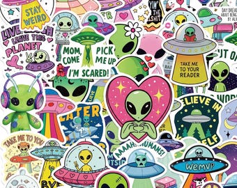 50PCS Alien UFO Sticker Pack, Cute Space Stickers, Funny Alien Stickers, Pastel Planet Stickers, Galaxy UFO Stickers for Guitars, Notebooks