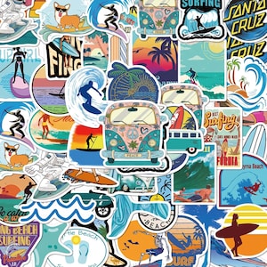 May include: A collection of colorful stickers featuring surfing themes, including silhouettes of surfers on waves, vintage camper vans, palm trees, sunsets, and a corgi on a surfboard. The designs incorporate text like Santa Cruz, Peace, and Best Surfing.