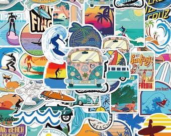 50PCS Summer Surfing Sticker Pack, Beach Stickers, Ocean Stickers, Surfboard Stickers, Vacation Stickers for Skateboards, Laptops, Luggage