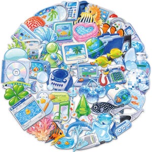 May include: A circular collage featuring various blue-toned objects including a computer monitor with a beach scene, a globe, a retro telephone, a CD, a disco ball, a laptop, a recycle bin window with a duck, tropical fish, coral, and a dolphin.