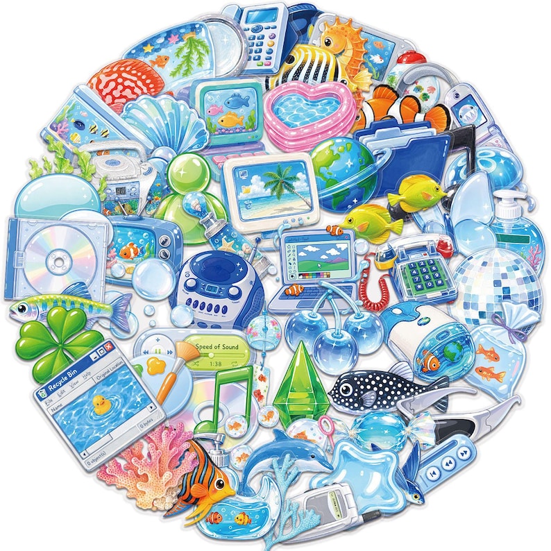 May include: A circular collage featuring various blue-toned objects including a computer monitor with a beach scene, a globe, a retro telephone, a CD, a disco ball, a laptop, a recycle bin window with a duck, tropical fish, coral, and a dolphin.