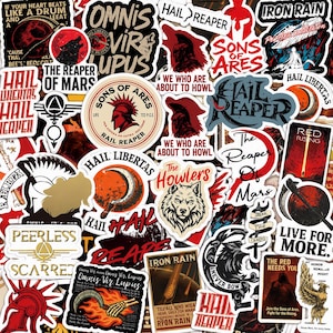 Peut inclure: Une collection d'autocollants sur le thème de Red Rising présentant divers motifs, dont l'emblème des Fils d'Arès, une faucille, des images de loups et des textes comme Hail Libertas, Iron Rain, The Reaper of Mars et Live for More en rouge, noir et blanc.