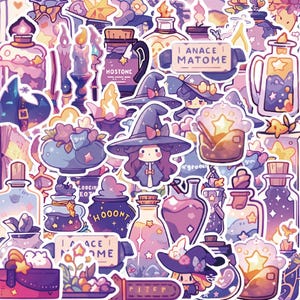 Könnte beinhalten: Eine Sammlung von Aufklebern mit violetten und rosafarbenen Illustrationen von Zaubertrankflaschen, Kerzen, Sternen und Figuren mit spitzen Hüten. Einige Aufkleber enthalten Text wie ANACE MATOME, HOSTONE und HOOONT in einer sanften Farbpalette.