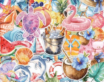 50PCS Transparent Summer Sticker Pack, Watercolor Stickers, Tropical Stickers, Cute Summer Stickers for Journals, Laptops, Scrapbooks