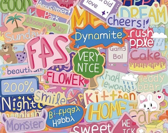 50PCS INS English Phrase Sticker Pack, Pastel Word Stickers, Cute Quote Stickers, Funny Doodle Stickers for Guitars, Notebooks, Luggage