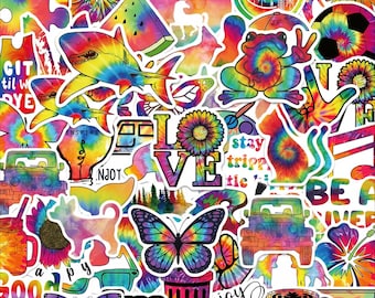 50PCS Tie Dye Sticker Pack, Colorful Hippie Stickers, Rainbow Trippy Stickers, Retro Peace Stickers for Guitars, Notebooks, Bottles