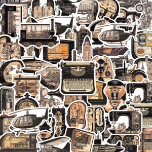 May include: A collection of die-cut stickers featuring detailed technical cross-section illustrations of vintage machinery, including a black typewriter, helicopters, a steam locomotive, sewing machines, and various mechanical components in sepia tones.