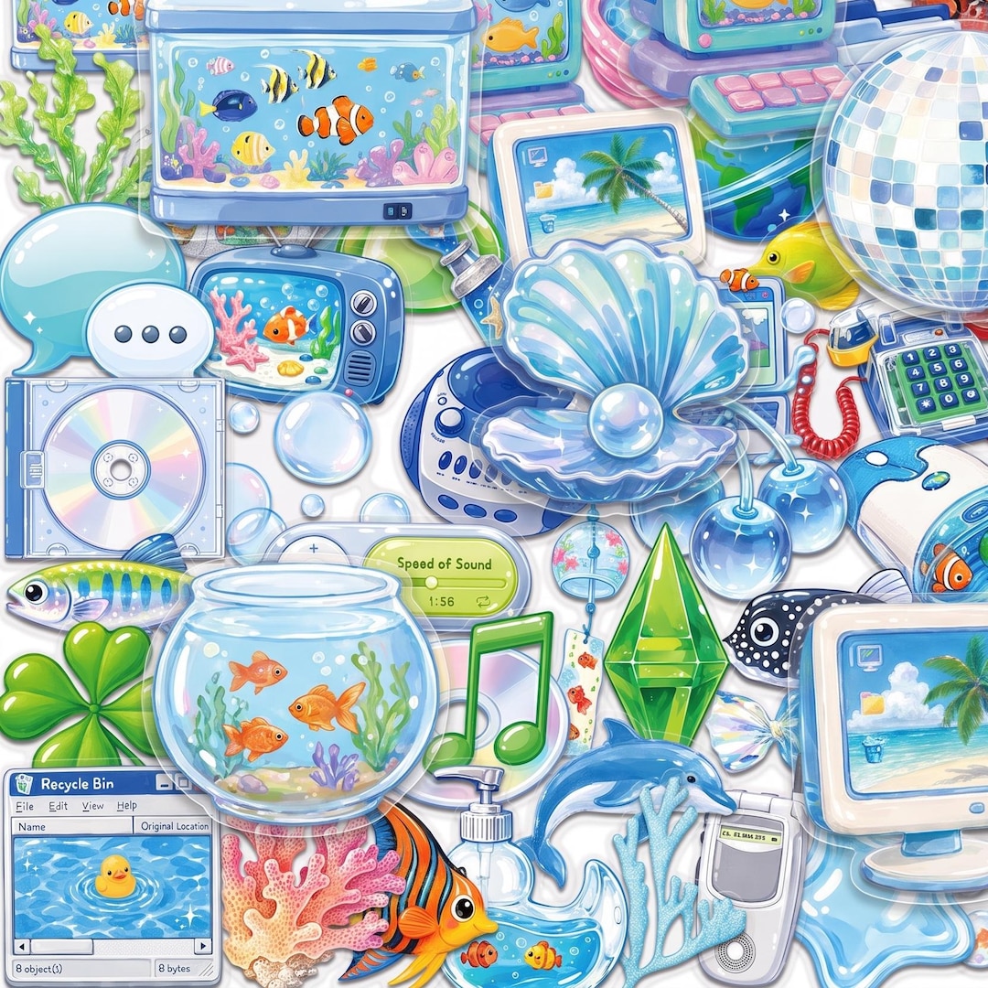 50PCS Frutiger Aero Sticker Pack, Blue Tech Stickers, Ocean Core Stickers, Retro Digital S