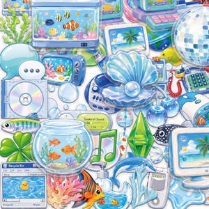 May include: A collection of stickers featuring Y2K-inspired illustrations including aquariums with clownfish, a pearl in a shell, a disco ball, a computer monitor with a beach scene, a CD, a green music note, a dolphin, and a recycle bin window.