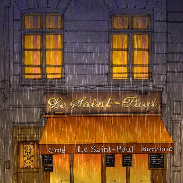 Art mural de Paris céleste de mauvaise humeur, rue des pluies avec des lumières chaudes de café, décoration émotionnelle