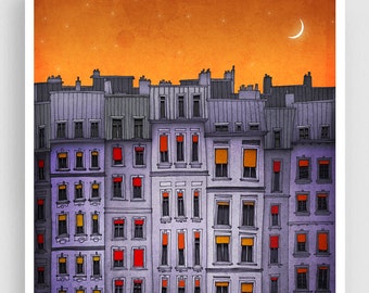 Sleepy houses - Colorful Paris Illustration French Travel Poster Modern Wall Hanging Giclée for Home Decor Gift Drawing Gifts for Travelers