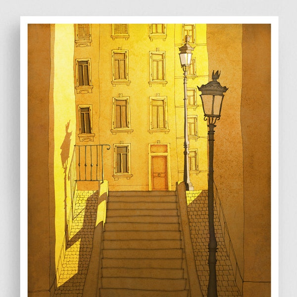 Morning Shine - Paris illustration Montmartre Print Wall Art Parisian style Home decor Sunshine Yellow Colorful Original Unique Travel Gift