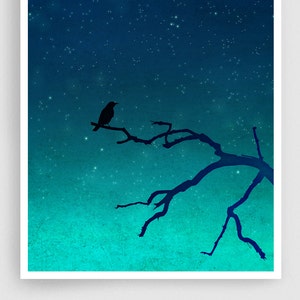 And then... only the silence remains /vertical Modern Illustration Art Print Unique Nature Art for the Home Love Night sky Dreamy bird image 1