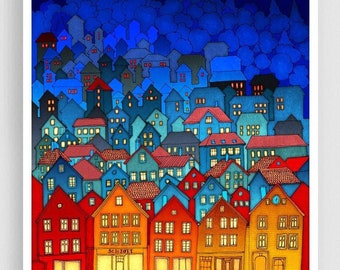 Norway, Bergen (vertical, blue version) - Fine art Print Art Poster Home decor City illustration Urban art Winter Snowy Houses