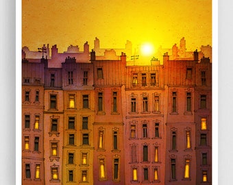 Sunrise - Parisian Fine Art Print Original Illustration Colorful French Home Decor Travel Artwork Unique Wall Hanging Gift Large Wall Art