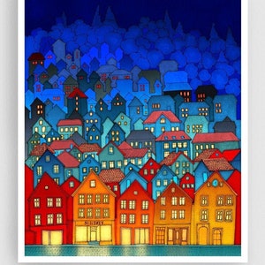 Norway, Bergen (vertical, blue version) - Fine art Print Art Poster Home decor City illustration Urban art Winter Snowy Houses