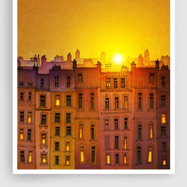 Sonnenaufgang - Pariser Kunstdruck Original Illustration Bunt Französisches Reisedekor Reisekunstwerk Einzigartiges Wandbehangsgeschenk Große Wandkunst