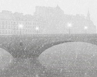Väggkonsttryck i Paris, snöig stadsbild, lugn heminredning, present