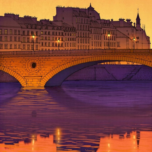 Impression d'art Paris paysage de rêve poétique orange violet crépuscule reflet de la Seine calme décoration d'intérieur