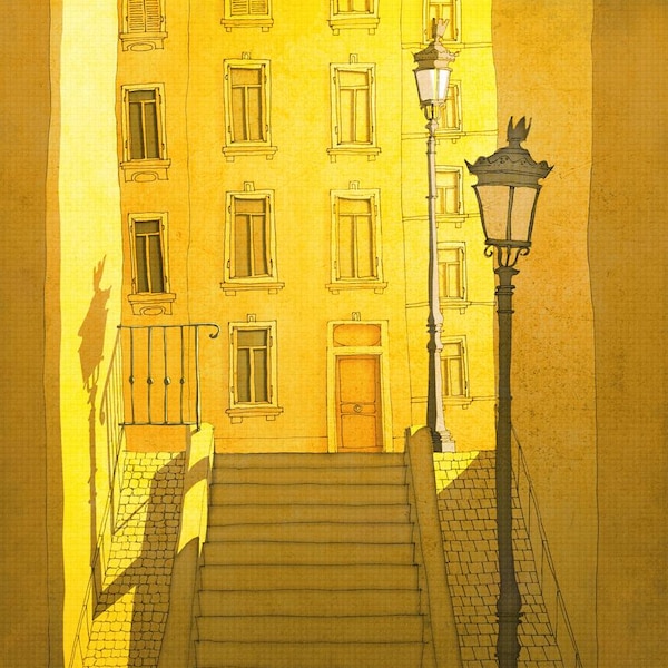 Illustration dessinée à la main, impression d'art mural parisien dopamine éclairé par le soleil, lever de soleil de Montmartre