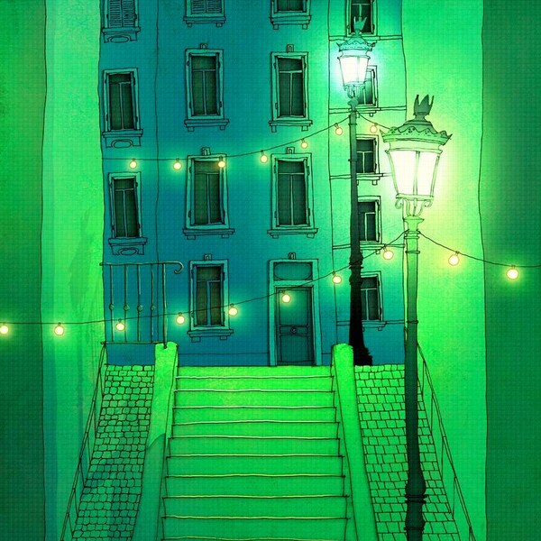 Impression d'art mural Paris céleste de mauvaise humeur, impression d'art mural vert nuit, rue romantique, lumières de la ville, décoration d'intérieur