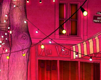 Romantic night illustration wall art print Paris cafe emotional artwork for living room