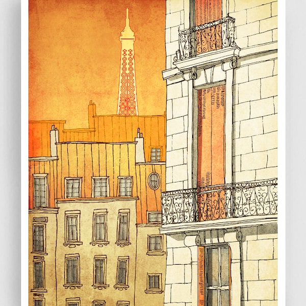 Paris windows - Colorful Paris Fine Art Print Wall Decor Architectural Drawing Modern Gift Europe Wall Hanging Paris Decor Travel Gifts