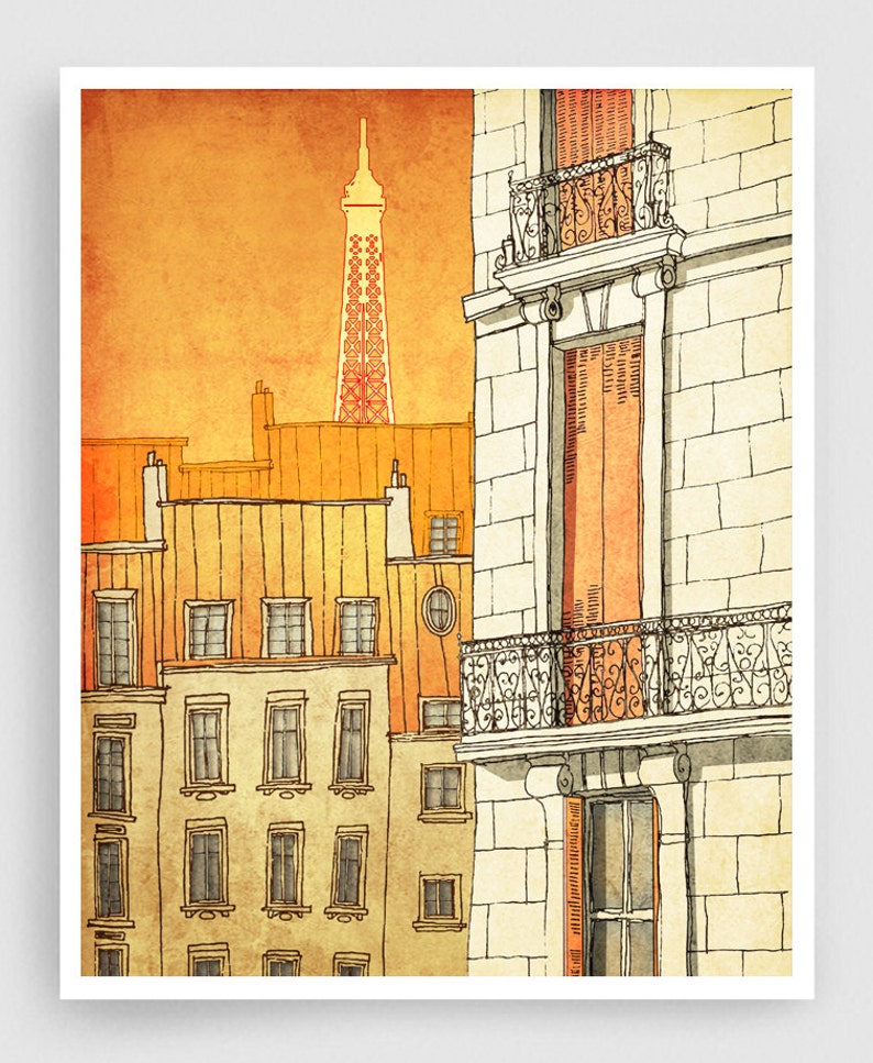 Paris windows Colorful Paris Fine Art Print Wall Decor Architectural Drawing Modern Gift Europe Wall Hanging Paris Decor Travel Gifts image 1