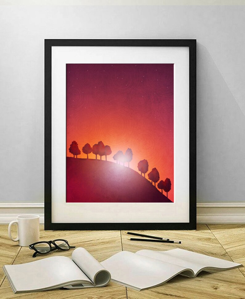 First streak of dawn Print from Original Illustration Wall Hanging Colorful Artwork Travelers Gift Nature Home Decor Morning sunshine image 2