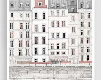 Passeggia lungo la Senna - Illustrazione di Parigi in bianco e nero Poster di viaggio francese Moderno da appendere alla parete per decorazioni per la casa, regali per i viaggiatori