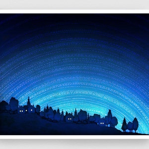 Chiamata alla terra - Illustrazione stampa artistica Natura unica Decorazioni per la casa Arte da parete Regalo per i viaggiatori Regali naturali Foresta notturna Cielo Segni spaziali Tubidu