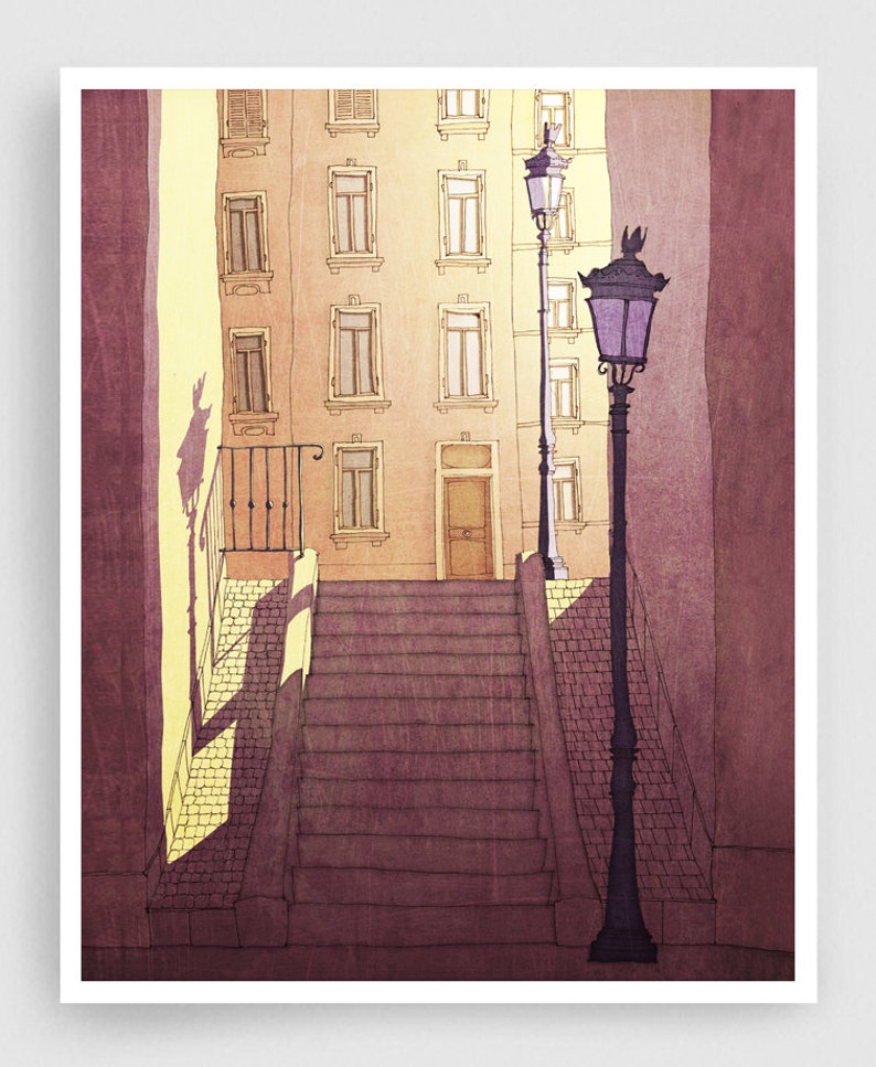 Morning Shine /purple Montmartre Illustration Print Wall Art Home Decor Original Gift Modern Architectural Drawing for Stylish Living image 1
