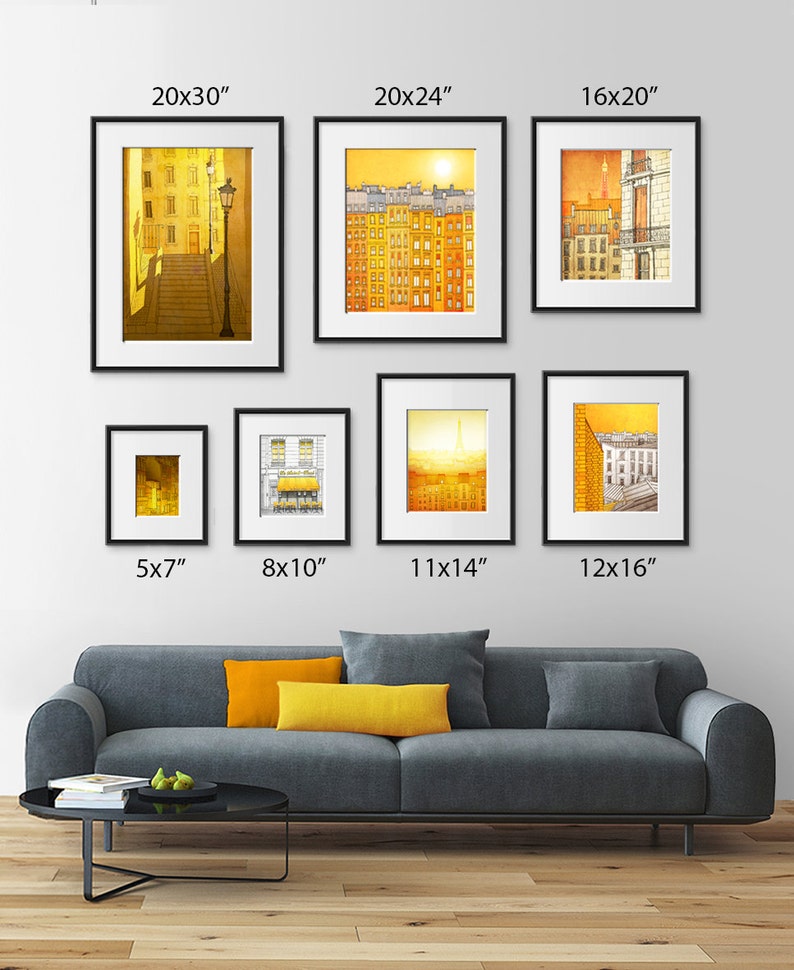 Sunny day in Paris Yellow Art Print Modern Wall Decor Paris City Drawing Gift for Travelers Parisian Wall Art Gifts Travel Art Print Tubidu image 3