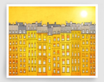 Yellow facade /landsc. - Colorful Paris Fine Art Print Gift for Francophiles Modern Wall Art Giclée Illustration Travelers Gifts Home Decor