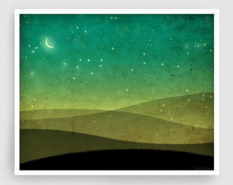 They are also here with us - Fine Art Illustration Print Wall Art Stars Moon Love Green Family Wall art Nature art Abstract art