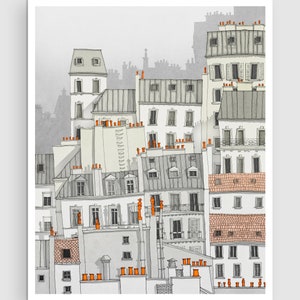 Paris Montmartre / white Grey Fine Art Print Illustration Paris Wall Art Modern Home Architectural Drawing Decor Europe Paris Travel Gifts image 1