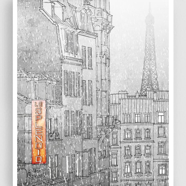 Winter in Paris /vertical - French Travel Art Poster Grey Fine Art Illustration Giclée Print Wall Hanging Parisian Decor Paris Gifts Tubidu