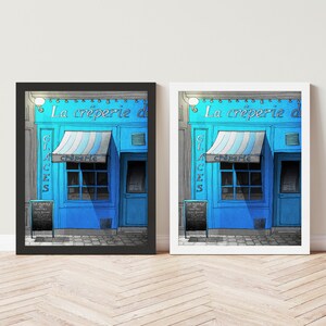 two framed photographs of a blue storefront