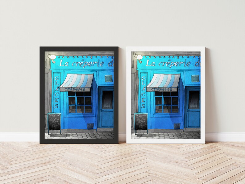 two framed photographs of a blue storefront