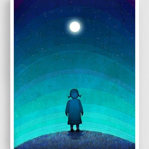 Moonlight Colorful Nature Fine Art Illustration Print Modern Wall Art Travel Gifts for Nature Lovers Moon Stars Night Nursery prints Kids image 1