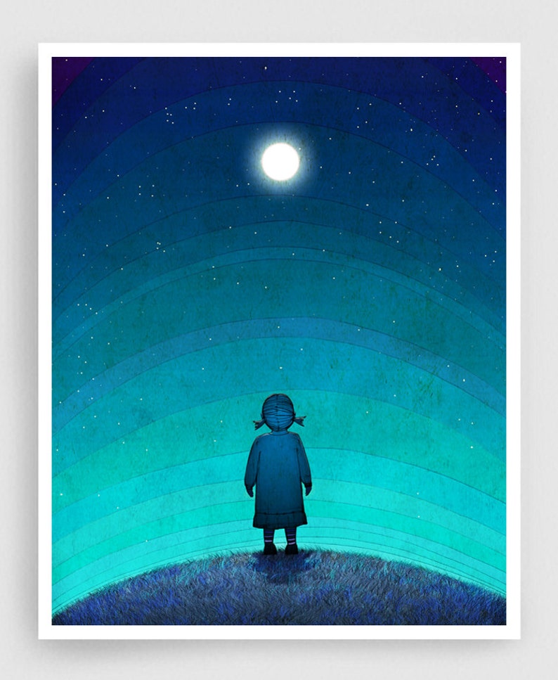 Moonlight Colorful Nature Fine Art Illustration Print Modern Wall Art Travel Gifts for Nature Lovers Moon Stars Night Nursery prints Kids image 1