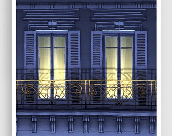 Balcone di Parigi/verticale, blu - Stampa colorata di illustrazione di Parigi Arte da parete moderna Disegno architettonico francese Decorazioni per la casa Regalo di viaggio unico