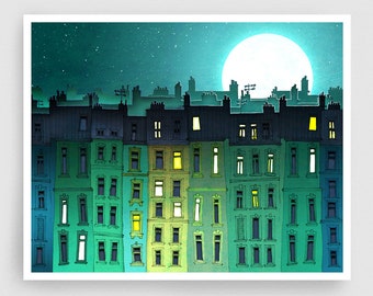 Song to the Moon (landsc.) - Art Print Paris art Kids Room Poster Colorful Illustration Print Moonlight Wall Art Home Decor Original Gift