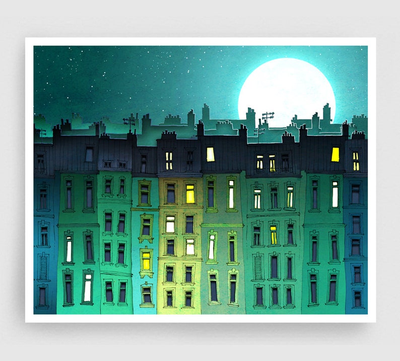 Song to the Moon landsc. Art Print Paris art Kids Room Poster Colorful Illustration Print Moonlight Wall Art Home Decor Original Gift image 1