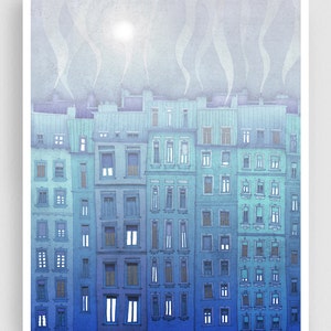 Foggy day in Paris - Colorful Paris Illustration French Travel Poster Modern Wall Hanging Giclée Home Decor Gift Drawing Gifts for Travelers