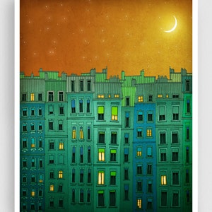 Golden night II. - Colorful Fine Art Print Parisian Architecture Illustration Stylish Wall Decor for Living Room Gift for Travel enthusiasts